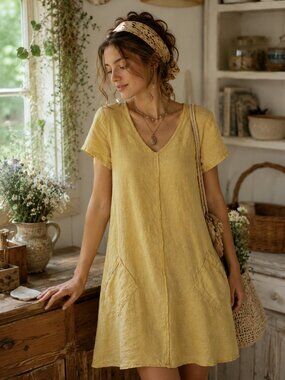 Yellow Fenini USA V-Neck Linen Pocket Dress